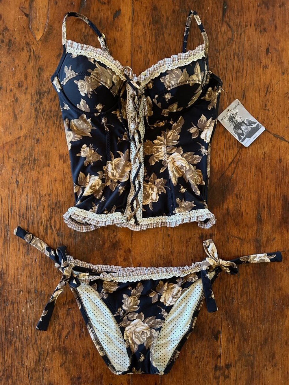 Vintage Betsey Johnson Golden Roses Corset with Bottoms Bikini Set - Picture 4 of 15